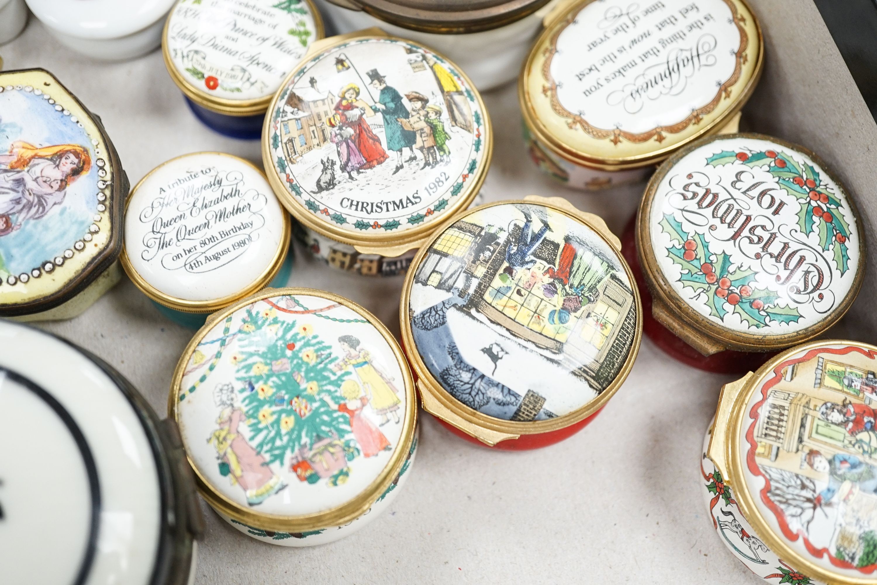 A collection of enamel patch boxes including Halcyon Days